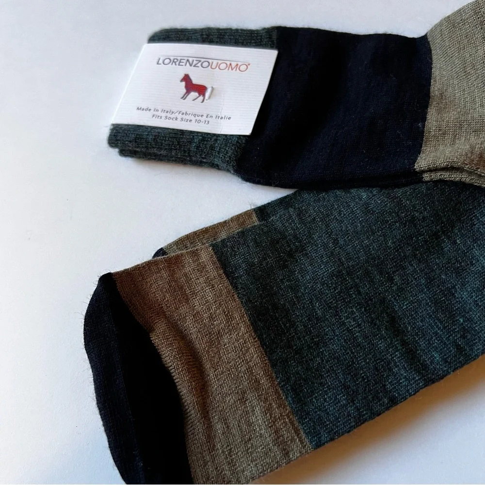 LORENZO UOMO MENS MERINO WOOL BLEND SOCKS COLOR BLOCK BLACK GREEN BEIGE OS NWT